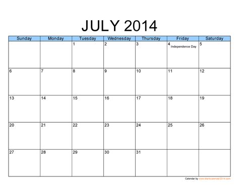July Monthly Calendar
